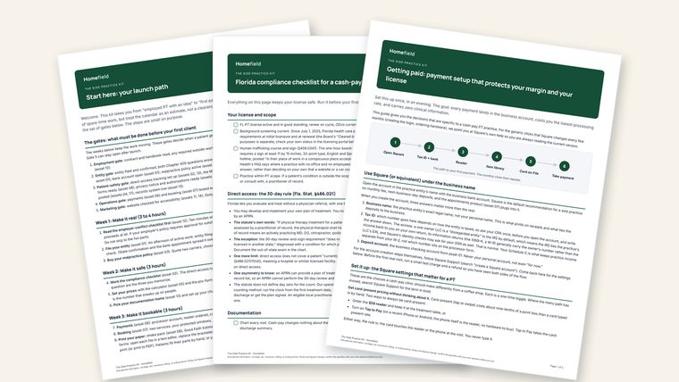 Three pages from the Side Practice Kit: the launch path, the Florida compliance checklist, and the payment setup guide